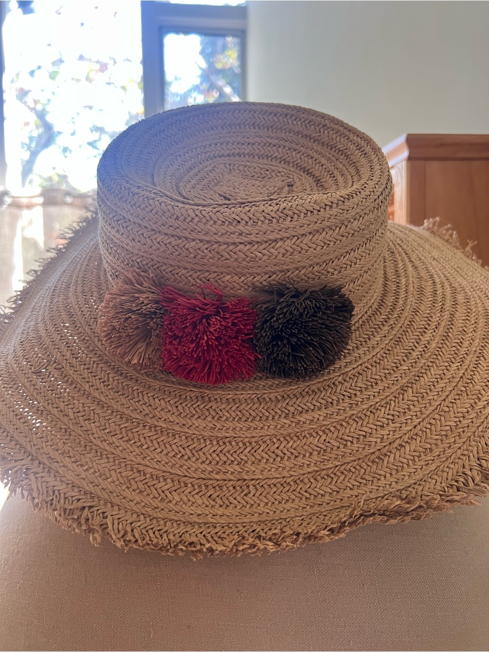 J. Jill Beige Straw Sun Hat with Red, Brown, and Olive Pom Trim